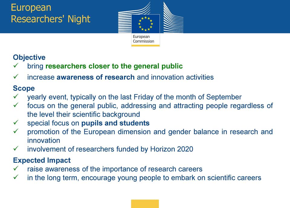 scientific background special focus on pupils and students promotion of the European dimension and gender balance in research and innovation involvement of