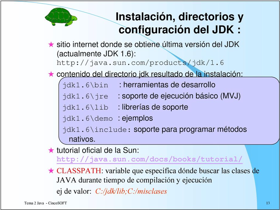 6\lib : librerías de soporte jdk1.6\demo : ejemplos jdk1.6\include: soporte para programar métodos nativos. tutorial oficial de la Sun: http://java.sun.
