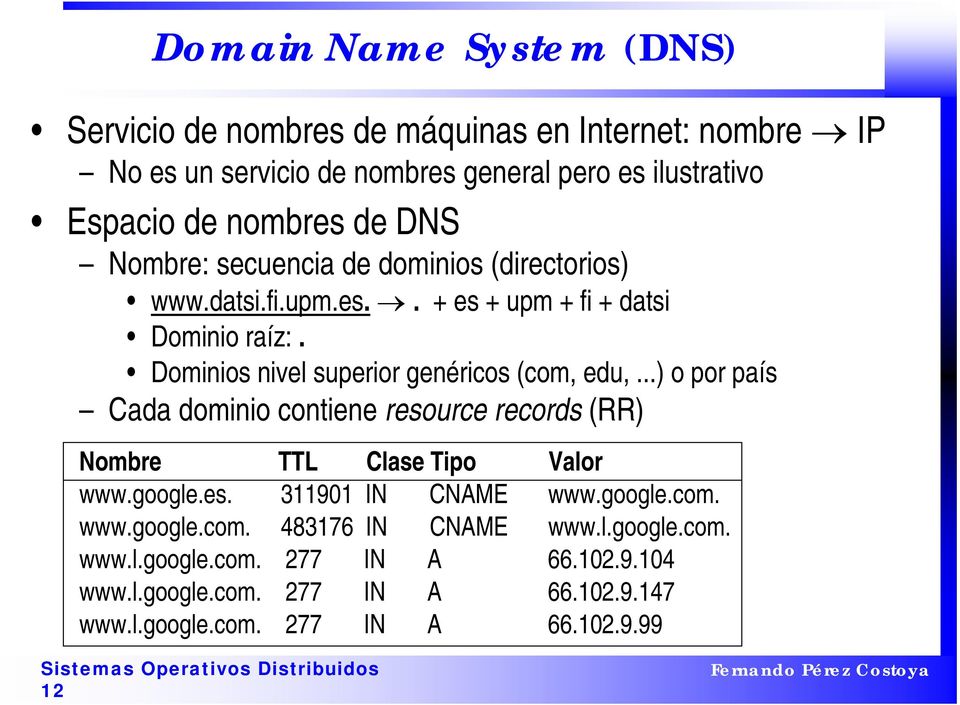 Dominios nivel superior genéricos (com, edu,...) o por país Cada dominio contiene resource records (RR) Nombre TTL Clase Tipo Valor www.google.es. 311901 IN CNAME www.