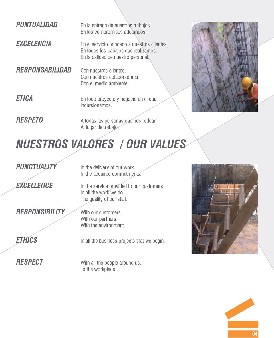A todas las personas que nos rodean. Al lugar de trabajo. NUESTROS VALORES / OUR VALUES PUNCTUALITY EXCELLENCE RESPONSIBILITY ETHICS In the delivery of our work. In the acquired commitments.