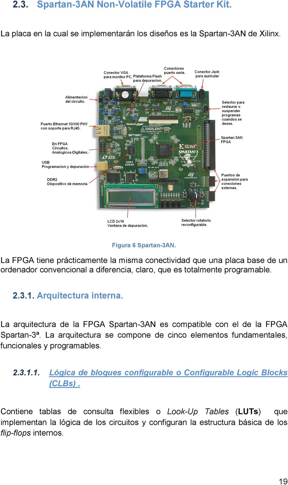 La arquitectura de la FPGA Spartan-3AN es compatible con el de la FPGA Spartan-3ª. La arquitectura se compone de cinco elementos fundamentales, funcionales y programables. 2.3.1.