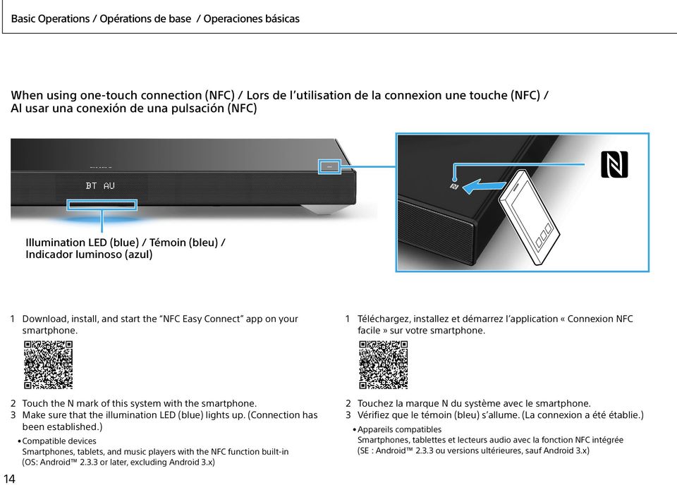 1 Téléchargez, installez et démarrez l application «Connexion NFC facile» sur votre smartphone. 2 Touch the N mark of this system with the smartphone.