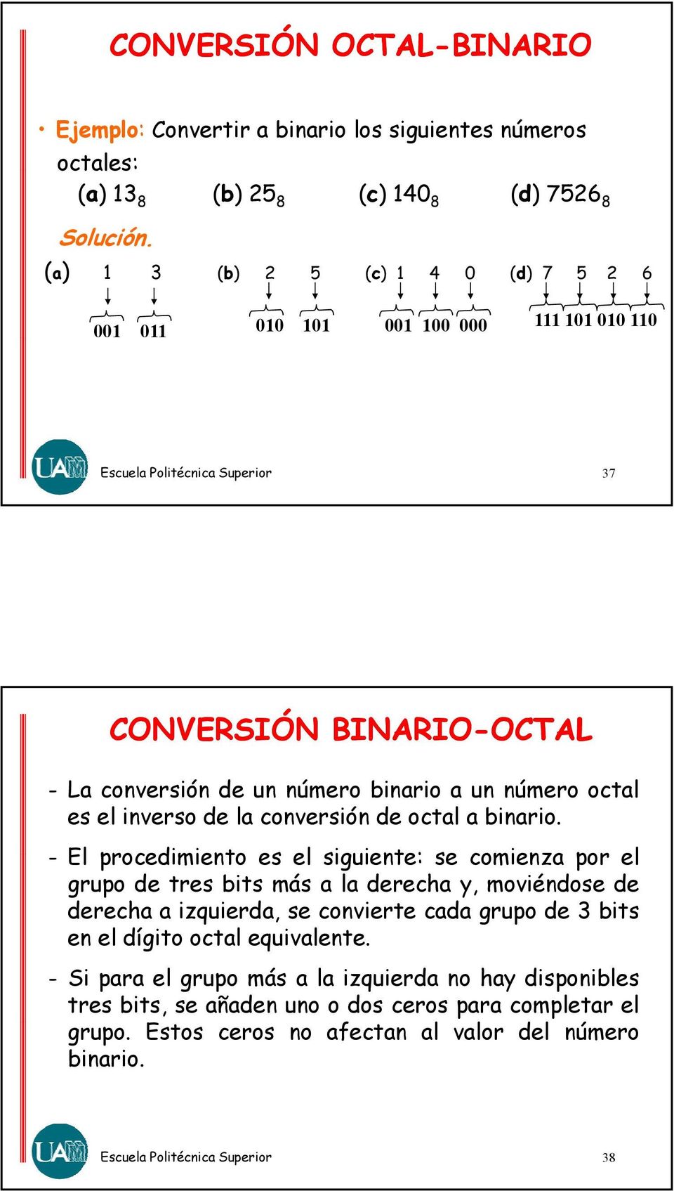 la conversión de octal a binario.