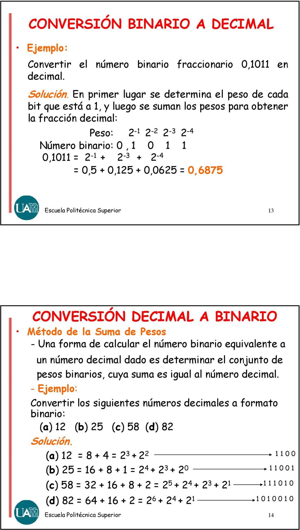 0,5 + 0,125 + 0,0625 = 0,6875 13 CONVERSIÓN DECIMAL A BINARIO Método de la Suma de Pesos - Una forma de calcular el número binario equivalente a un número decimal dado es determinar el conjunto de