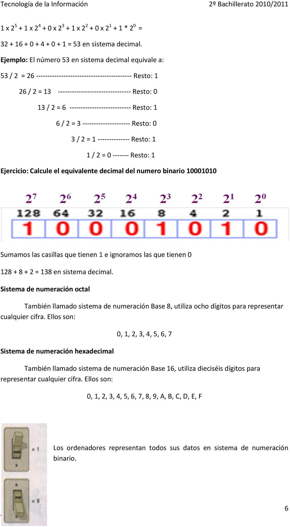 --------------------------- Resto: 1 6 / 2 = 3 --------------------- Resto: 0 3 / 2 = 1 -------------- Resto: 1 1 / 2 = 0 ------- Resto: 1 Ejercicio: Calcule el equivalente decimal del numero binario
