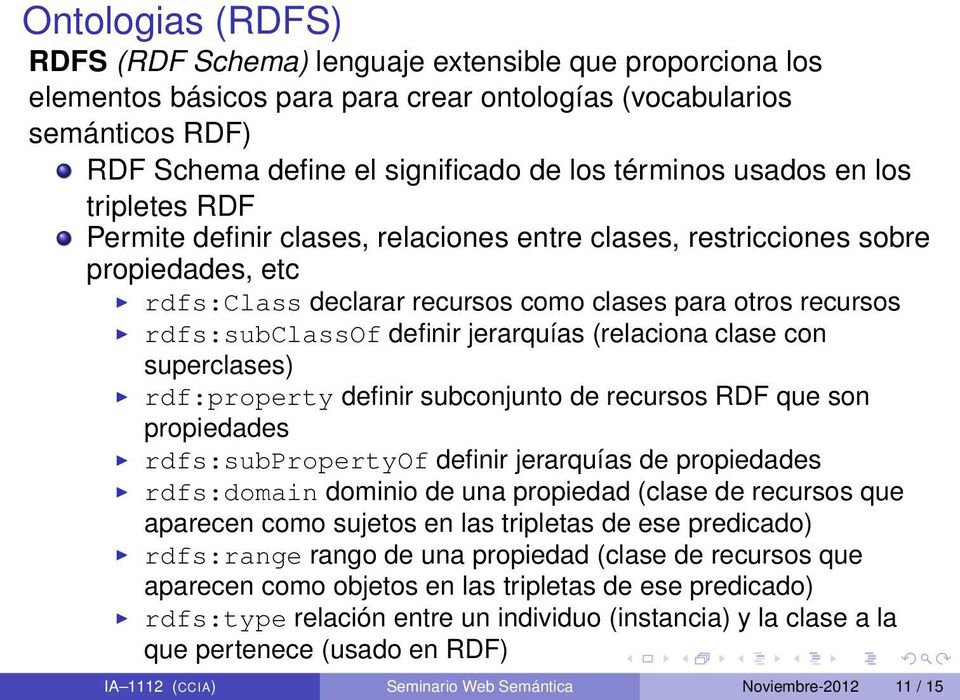 jerarquías (relaciona clase con superclases) rdf:property definir subconjunto de recursos RDF que son propiedades rdfs:subpropertyof definir jerarquías de propiedades rdfs:domain dominio de una