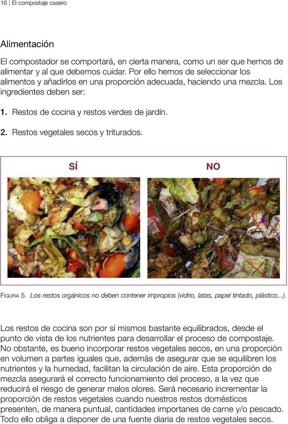 Restos vegetales secos y triturados. SÍ NO FIGURA 5. Los restos orgánicos no deben contener impropios (vidrio, latas, papel tintado, plástico...).
