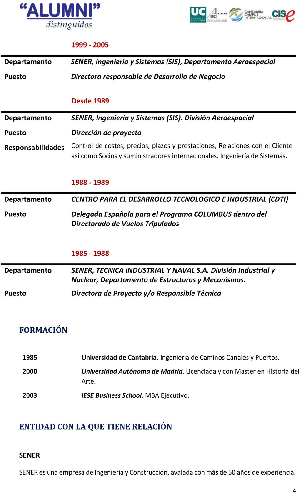 1988 1989 CENTRO PARA EL DESARROLLO TECNOLOGICO E INDUSTRIAL (CDTI) Delegada Española para el Programa COLUMBUS dentro del Directorado de Vuelos Tripulados 1985 1988 SENER, TECNICA INDUSTRIAL Y NAVAL