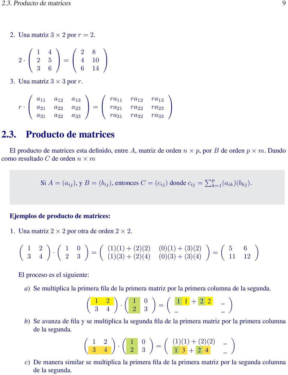 p k1 a ikb kj Ejemplos de producto de matrices: 1 Una matriz 2 2 por otra de orden 2 2 1 2 3 4 1 0 2 3 El proceso es el siguiente: 11 + 22 01 + 32 13 + 24 03 + 34 5 6 11 12 a Se multiplica la primera