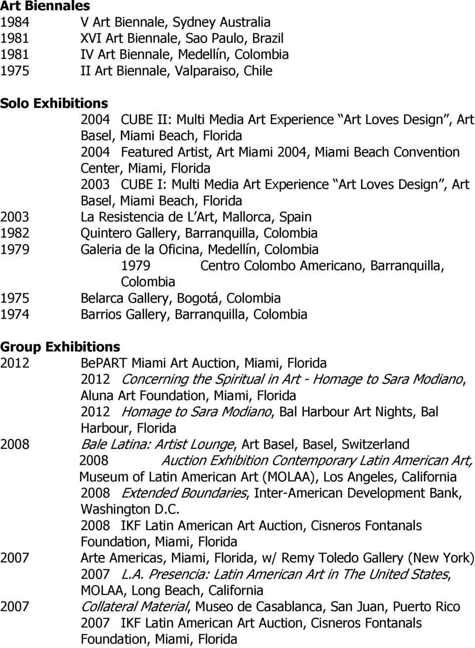 Experience Art Loves Design, Art Basel, Miami Beach, Florida 2003 La Resistencia de L Art, Mallorca, Spain 1982 Quintero Gallery, Barranquilla, 1979 Galeria de la Oficina, Medellín, 1979 Centro
