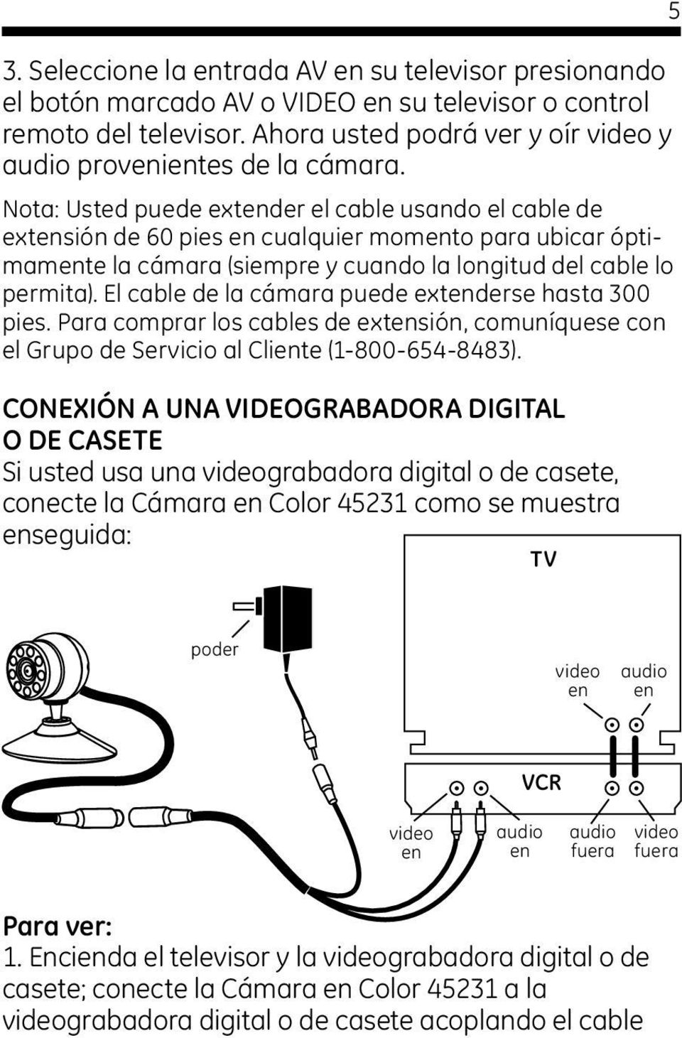 El cable de la cámara puede extenderse hasta 300 pies. Para comprar los cables de extensión, comuníquese con el Grupo de Servicio al Cliente (1-800-654-8483).