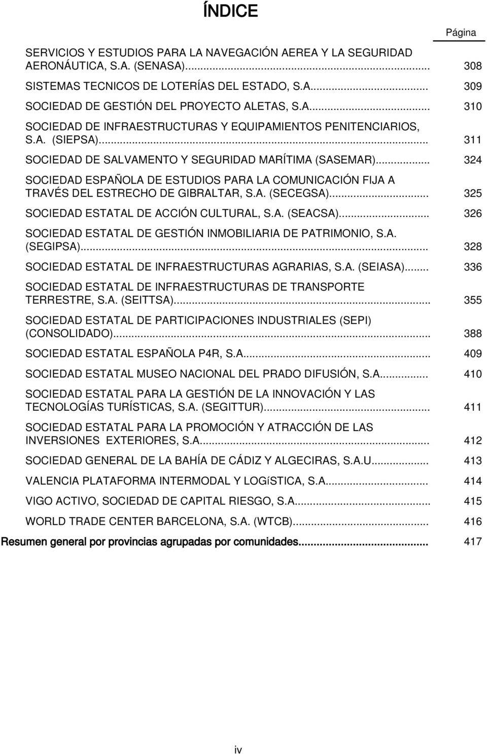 .. 324 SOCIEDAD ESPAÑOLA DE ESTUDIOS PARA LA COMUNICACIÓN FIJA A TRAVÉS DEL ESTRECHO DE GIBRALTAR, S.A. (SECEGSA)... 325 SOCIEDAD ESTATAL DE ACCIÓN CULTURAL, S.A. (SEACSA).