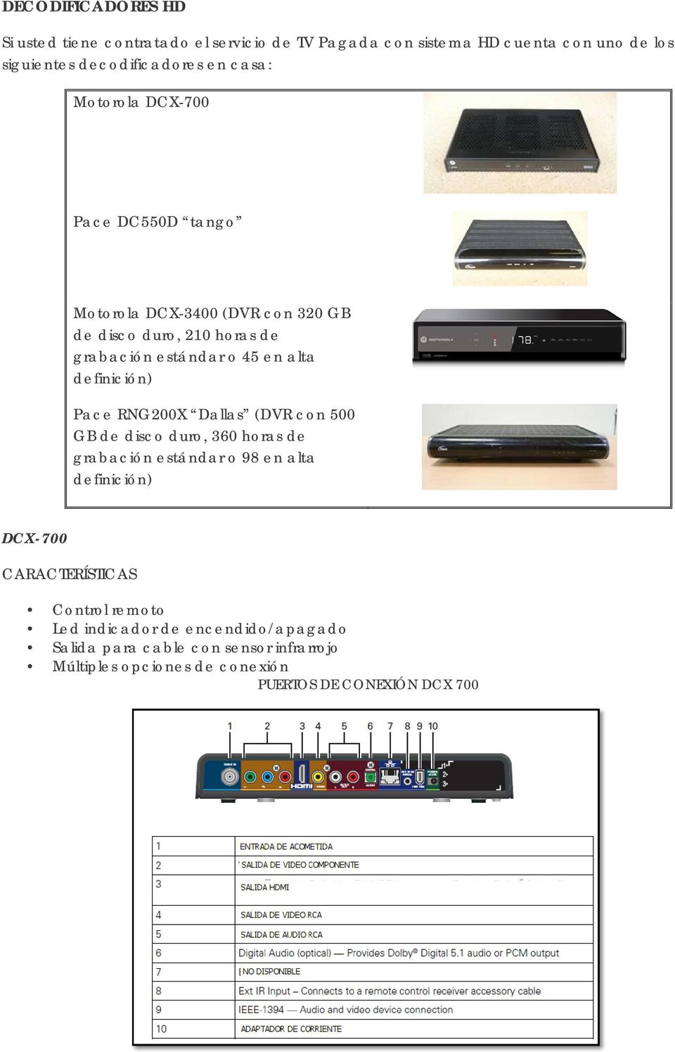 definición) Pace RNG200X Dallas (DVR con 500 GB de disco duro, 360 horas de grabación estándar o 98 en alta definición) DCX-700