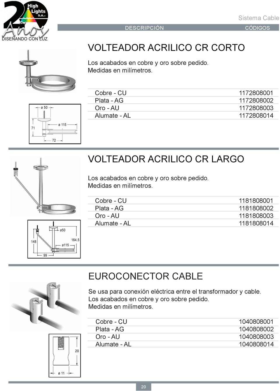 1181808002 Oro - AU 1181808003 Alumate - AL 1181808014 EUROCONECTOR CABLE Se usa para conexión eléctrica