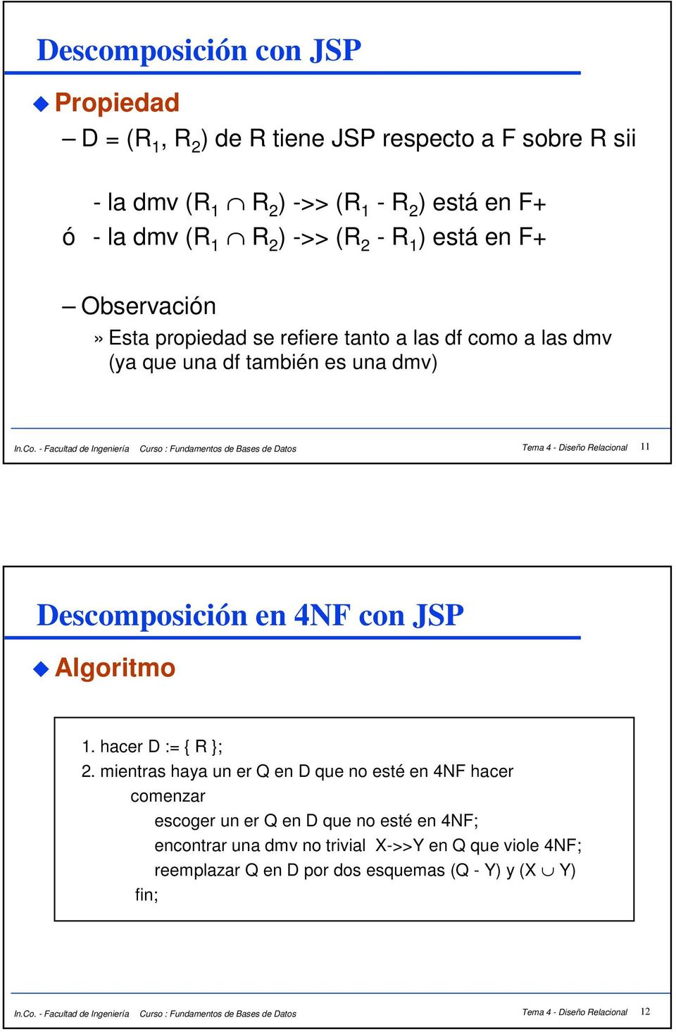 - Facultad de Ingeniería Curso : Fundamentos de Bases de Datos Tema 4 - Diseño Relacional 11 Descomposición en 4NF con JSP Algoritmo 1. hacer D := { R }; 2.