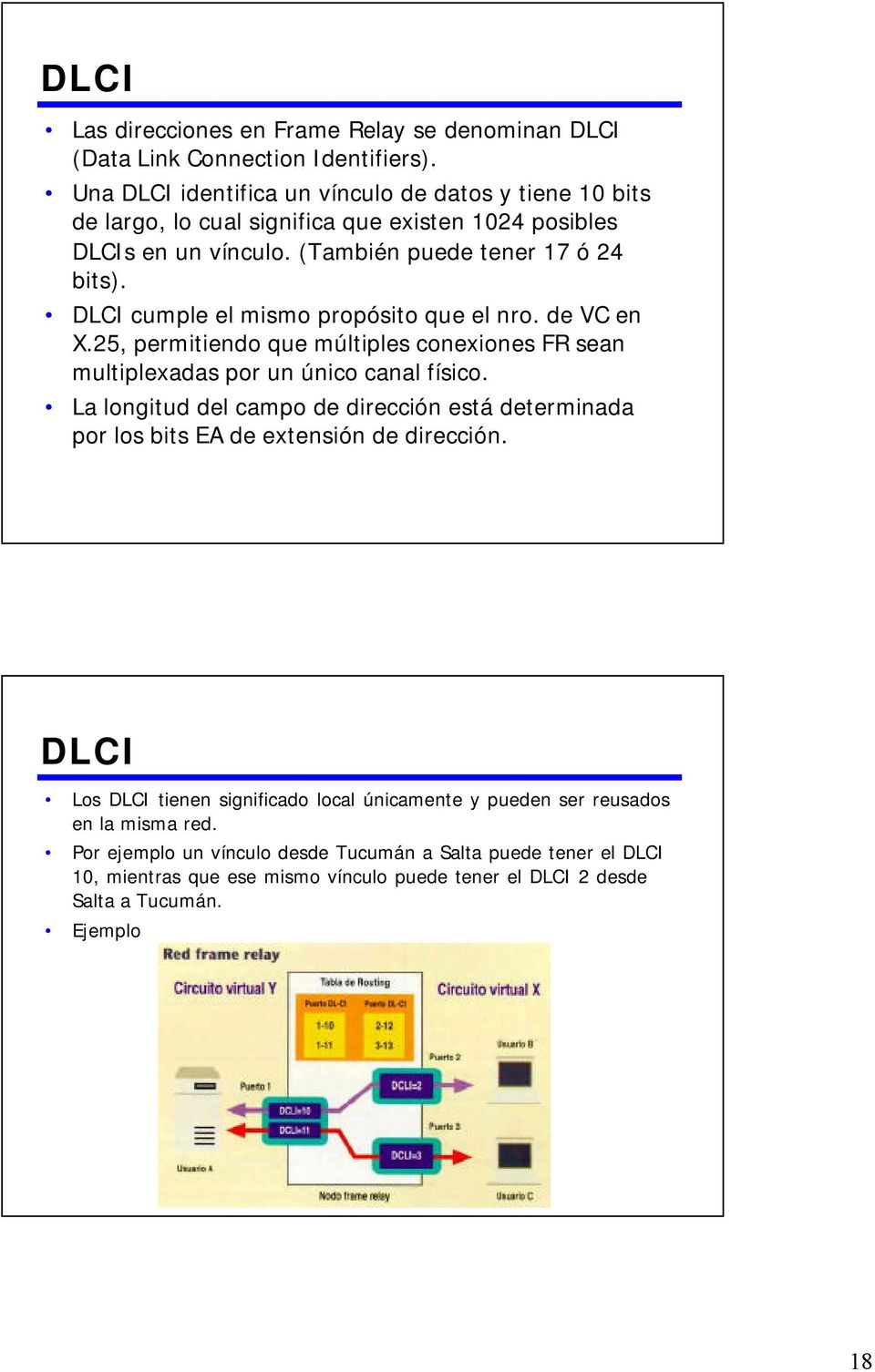 DLCI cumple el mismo propósito que el nro. de VC en X.25, permitiendo que múltiples conexiones FR sean multiplexadas por un único canal físico.