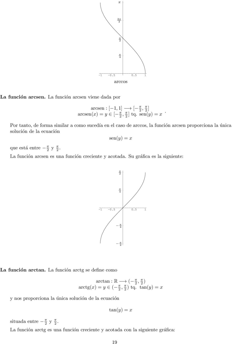 π. La función arcsen es una función creciente y acotada. Su gráfica es la siguiente: π π 4 - -0.5 0.5 π 4 π La función arctan.