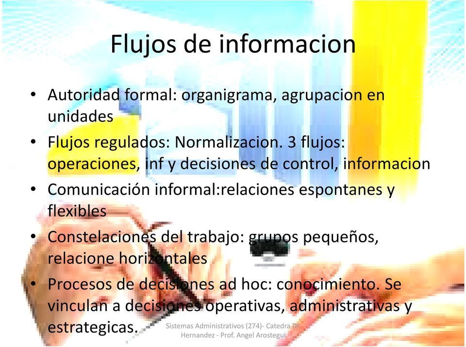 3 flujos: operaciones, inf y decisiones de control, informacion Comunicación informal:relaciones