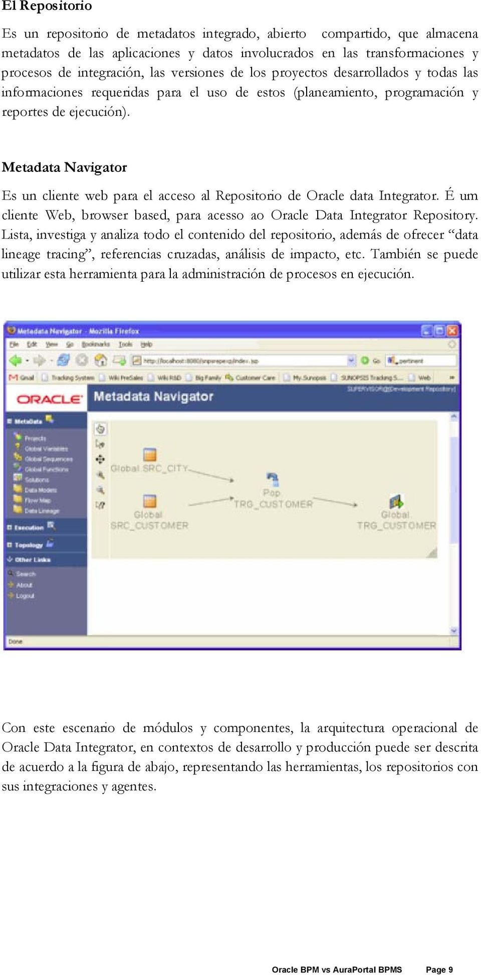 Metadata Navigator Es un cliente web para el acceso al Repositorio de Oracle data Integrator. É um cliente Web, browser based, para acesso ao Oracle Data Integrator Repository.