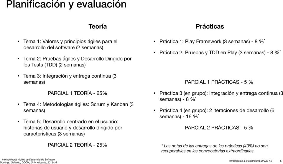 dirigido por características (3 semanas) PARCIAL 2 TEORÍA - 25% Prácticas Práctica 1: Play Framework (3 semanas) - 8 % * Práctica 2: Pruebas y TDD en Play (3 semanas) - 8 % * PARCIAL 1 PRÁCTICAS - 5