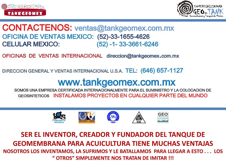 mx DIRECCION GENERAL Y VENTAS INTERNACIONAL U.S.A. TEL: (646) 657-1127 www.tankgeomex.com.