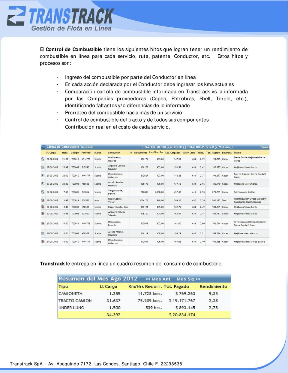 combustible informada en Transtrack vs la informada por las Compañías proveedoras (Copec, Petrobras, Shell, Terpel, etc.