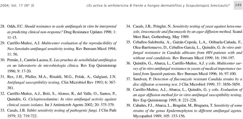 Multicenter evaluation of the reproducibility of Neo-Sensitabs antifungal sensitivity testing. Rev Iberoam Micol 1994; 11: 56. 30. Pemán, J., Cantón-Lacasa, E.
