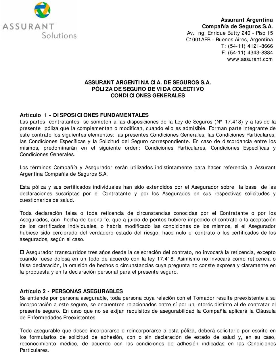 ASSURANT ARGENTINA CIA. DE SEGUROS . PÓLIZA DE SEGURO DE VIDA COLECTIVO  CONDICIONES GENERALES - PDF Free Download