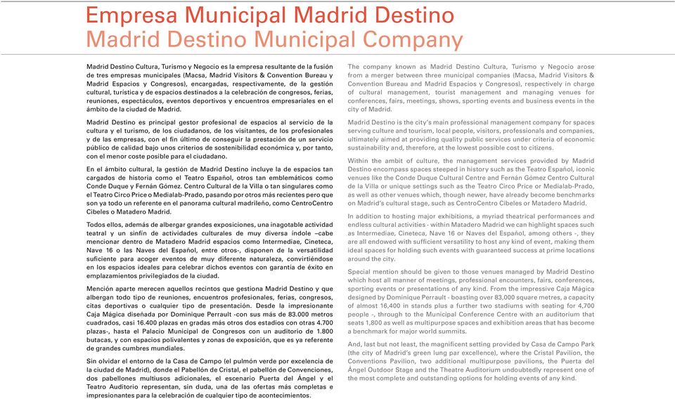 espectáculos, eventos deportivos y encuentros empresariales en el ámbito de la ciudad de Madrid.