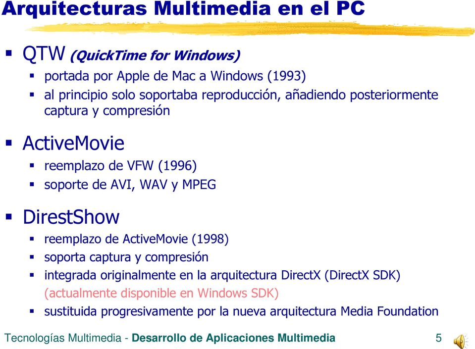 reemplazo de ActiveMovie (1998) soporta captura y compresión integrada originalmente en la arquitectura DirectX (DirectX SDK) (actualmente