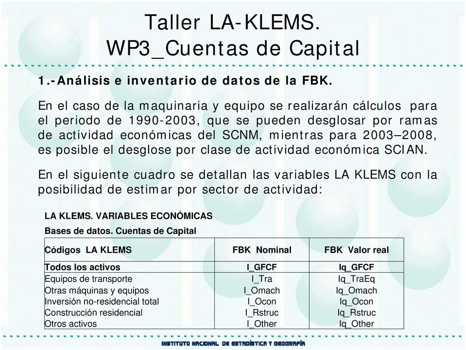 posible el desglose por clase de actividad económica SCIAN. En el siguiente cuadro se detallan las variables LA KLEMS con la posibilidad de estimar por sector de actividad: LA KLEMS.