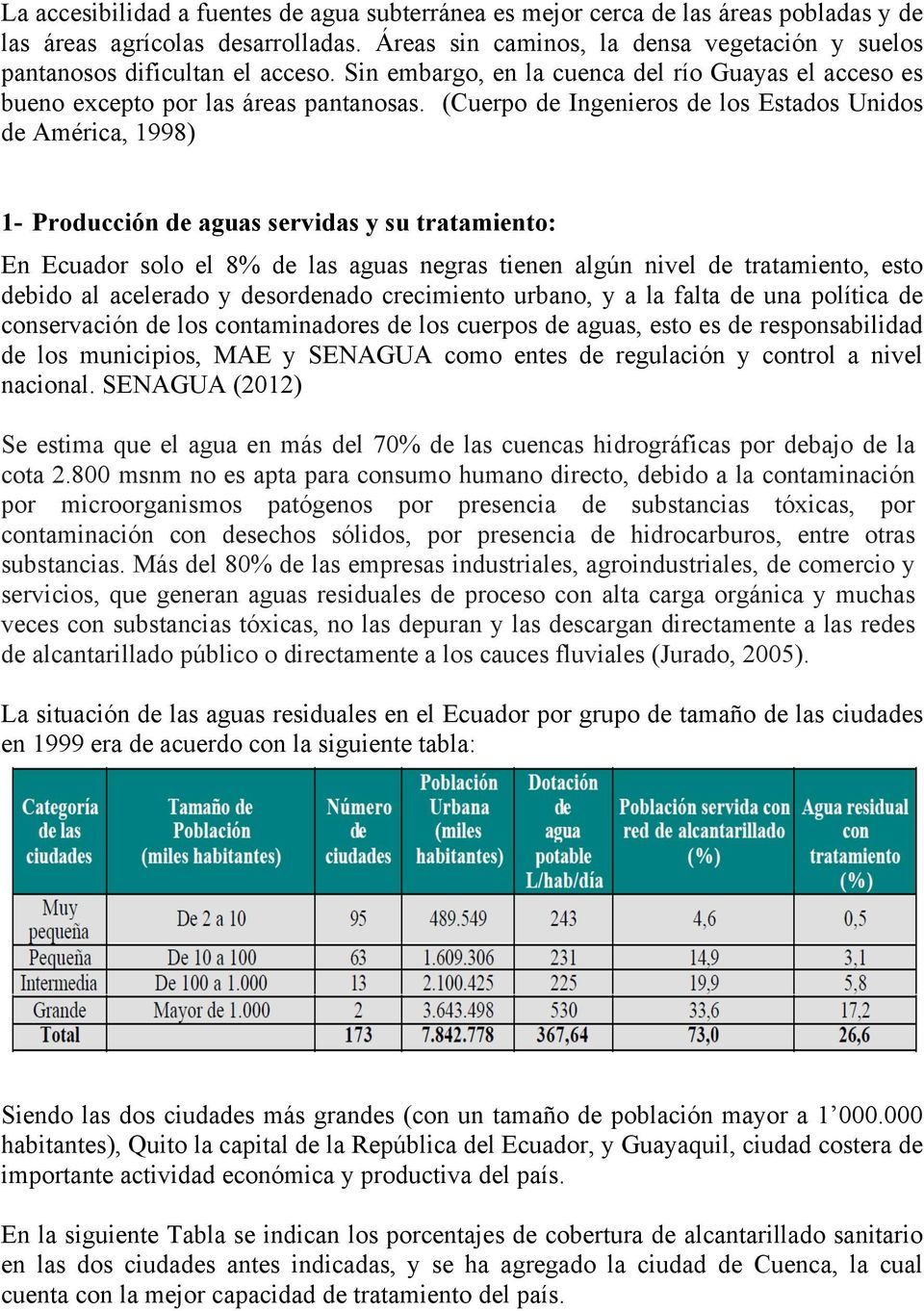 (Cuerpo de Ingenieros de los Estados Unidos de América, 1998) 1- Producción de aguas servidas y su tratamiento: En Ecuador solo el 8% de las aguas negras tienen algún nivel de tratamiento, esto