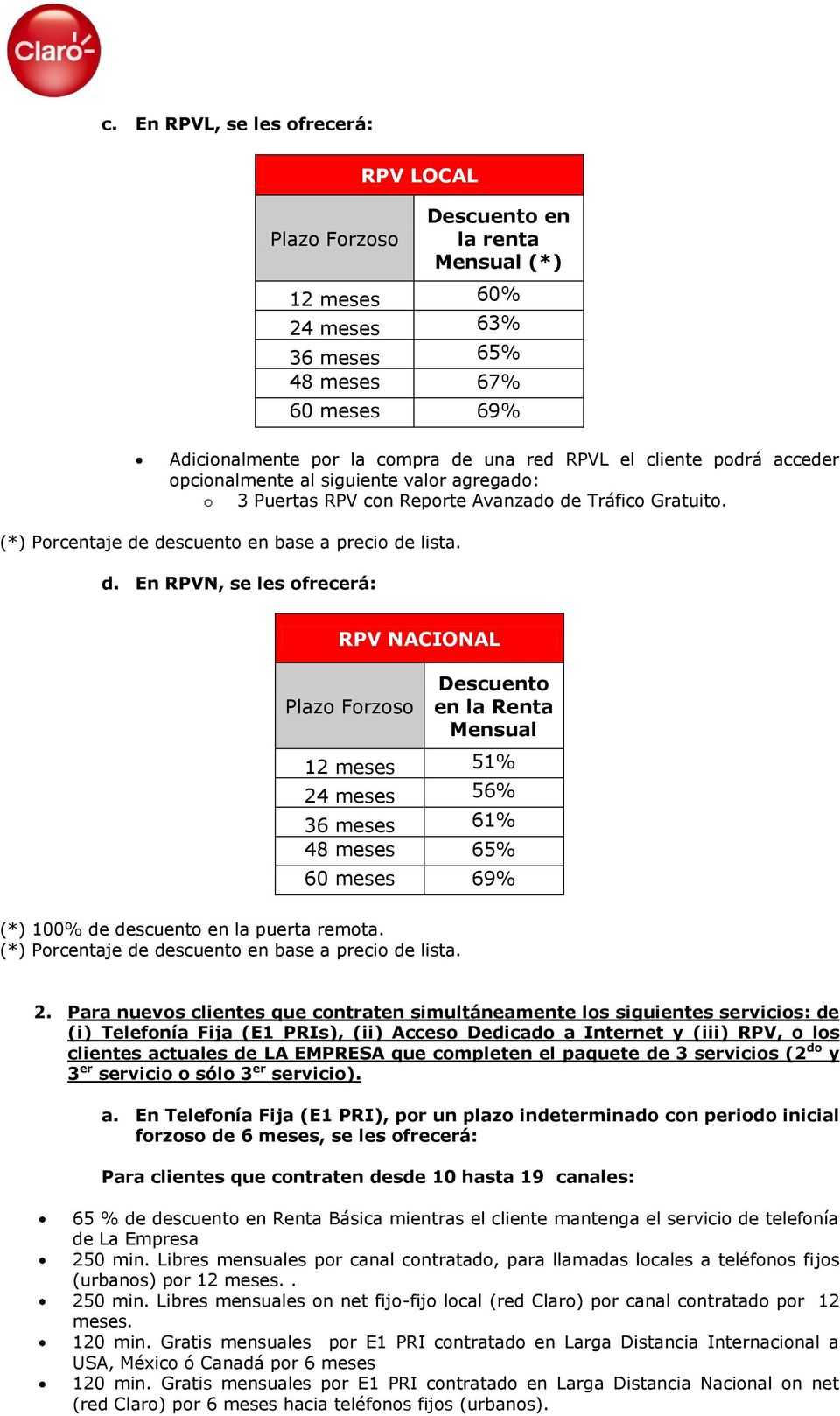 Tráfico Gratuito. d. En RPVN, se les ofrecerá: RPV NACIONAL Descuento en la Renta Mensual 12 meses 51% 24