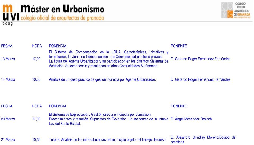 Gerardo Roger Fernández Fernández 14 Marzo 10,30 Análisis de un caso práctico de gestión indirecta por Agente Urbanizador. D.