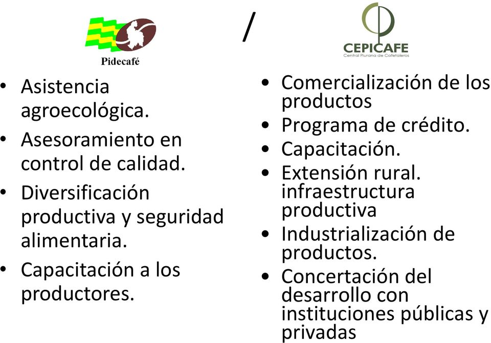 Comercialización de los productos Programa de crédito. Capacitación. Extensión rural.
