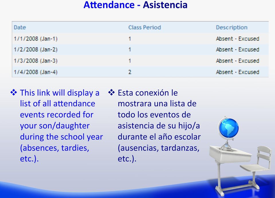 eventos de your son/daughter asistencia de su hijo/a during the school