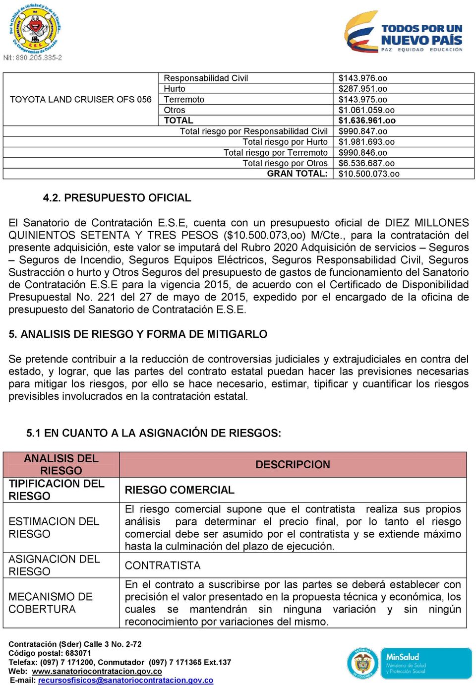 PUESTO OFICIAL El Sanatorio de Contratación E.S.E, cuenta con un presupuesto oficial de DIEZ MILLONES QUINIENTOS SETENTA Y TRES PESOS ($10.500.073,oo) M/Cte.