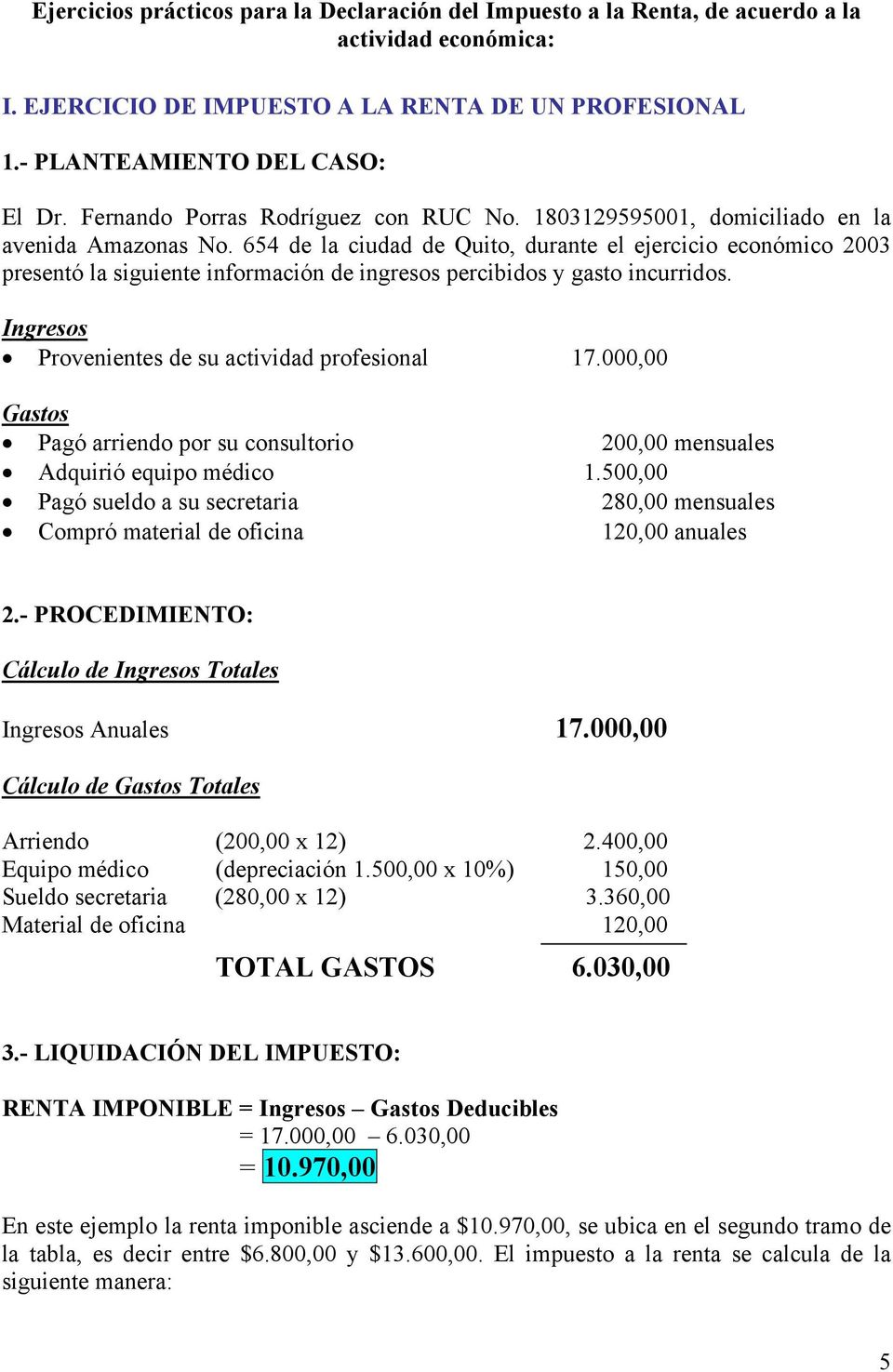 654 de la ciudad de Quito, durante el ejercicio económico 2003 presentó la siguiente información de ingresos percibidos y gasto incurridos. Ingresos Provenientes de su actividad profesional 17.