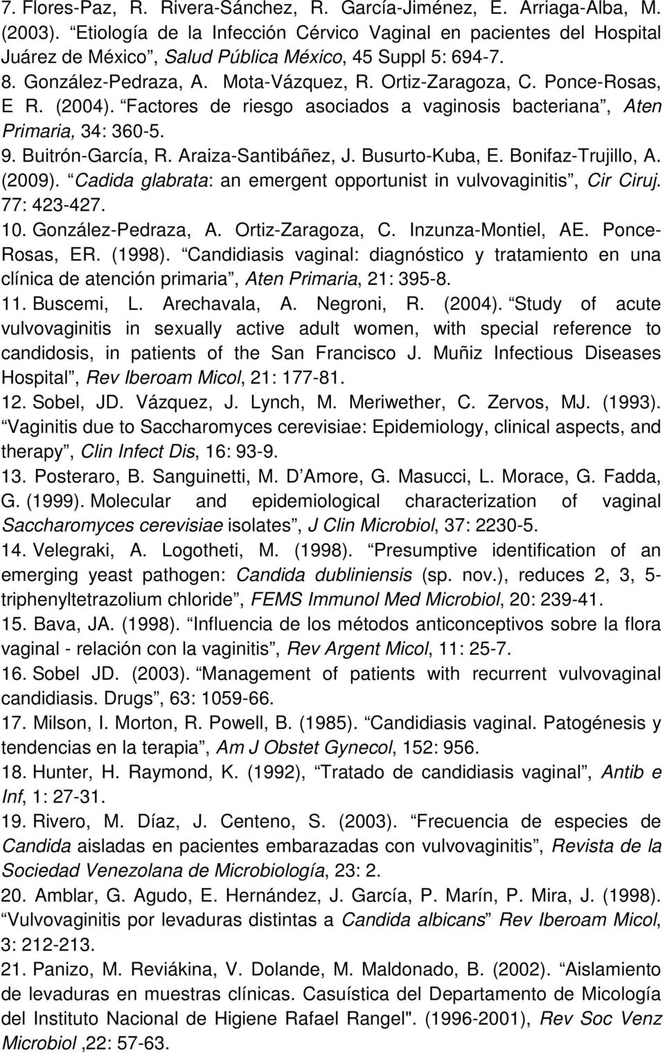 Ponce-Rosas, E R. (2004).. Factores de riesgo asociados a vaginosis bacteriana, Aten Primaria, 34: 360-5. 9. Buitrón-García, R. Araiza-Santibáñez, J. Busurto-Kuba, E. Bonifaz-Trujillo, A. (2009).