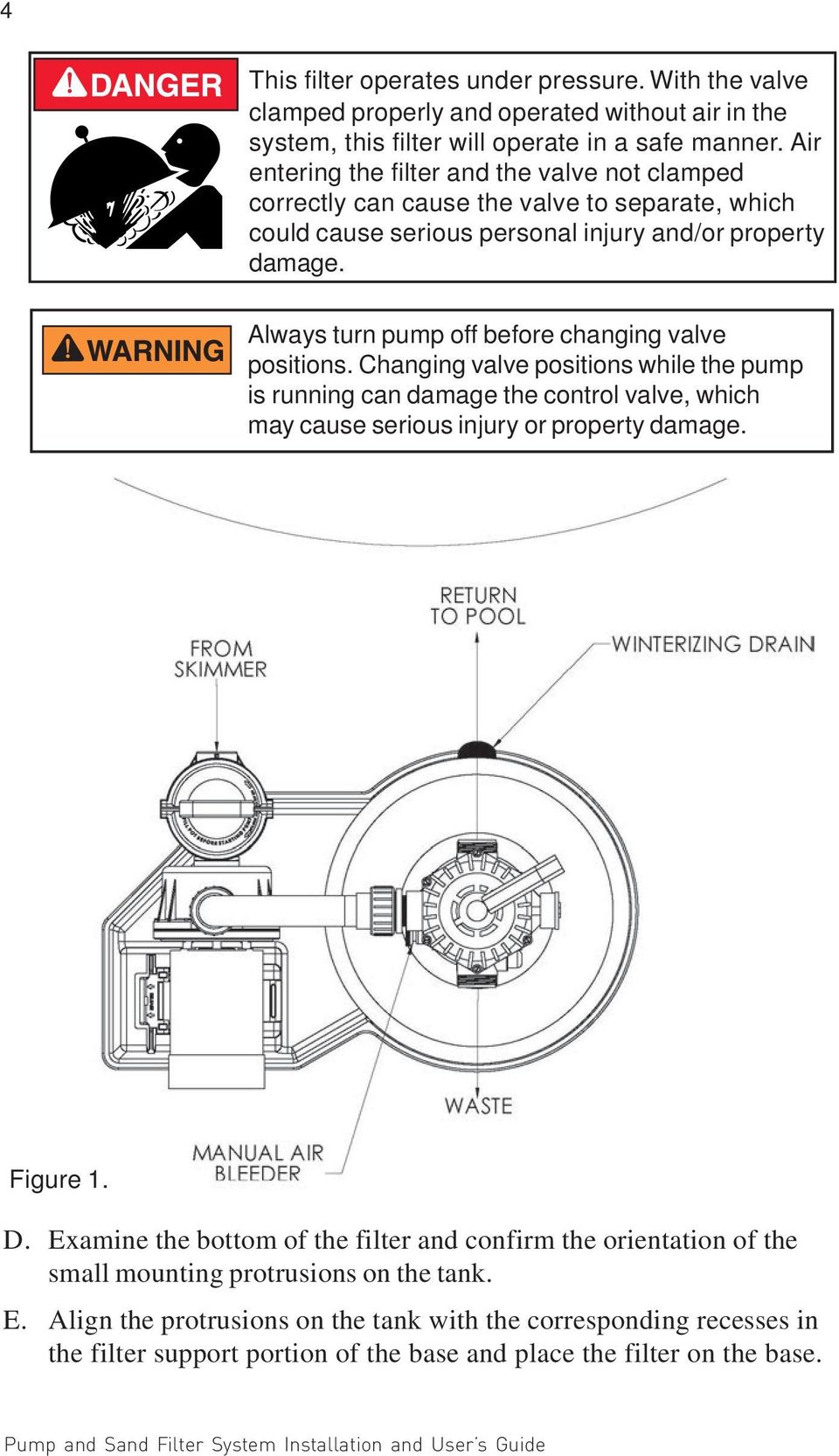 Always turn pump off before changing valve positions. Changing valve positions while the pump is running can damage the control valve, which may cause serious injury or property damage. Figure 1. D.