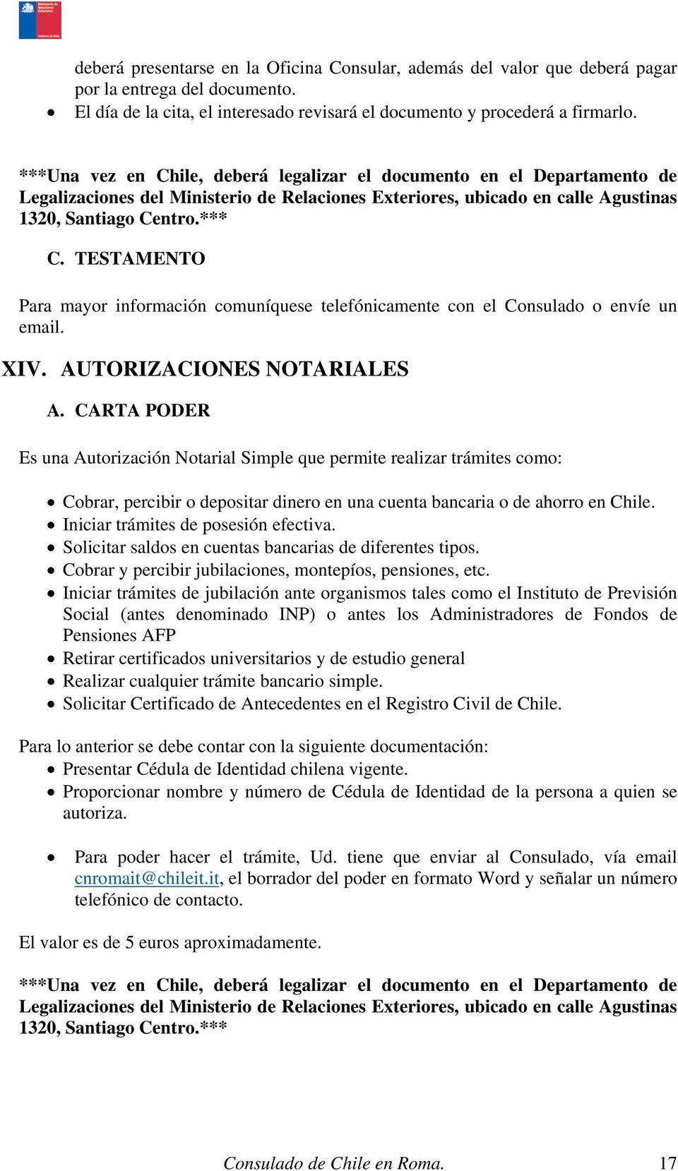 Consulado De Chile En Roma Manual De Servicios Consulares