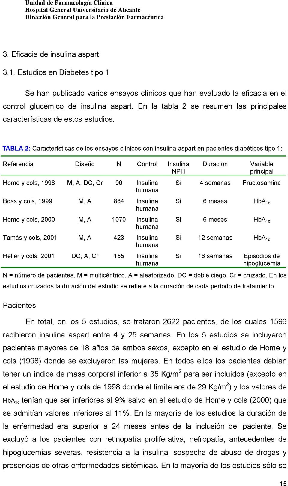 TABLA 2: Características de los ensayos clínicos con insulina aspart en pacientes diabéticos tipo 1: Referencia Diseño N Control Insulina NPH Home y cols, 1998 M, A, DC, Cr 90 Insulina humana Boss y
