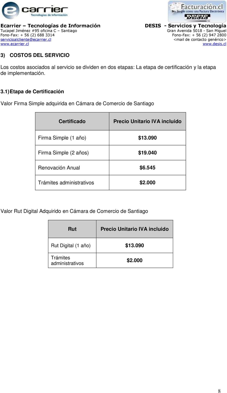 1) Etapa de Certificación Valor Firma Simple adquirida en Cámara de Comercio de Santiago Certificado Precio Unitario IVA incluido Firma