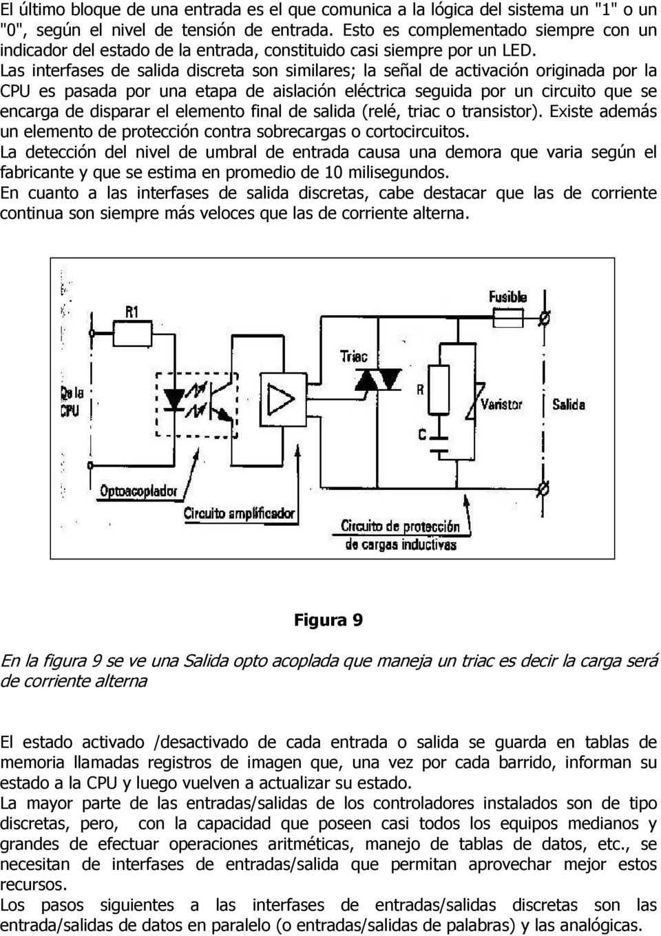 Las interfases de salida discreta son similares; la señal de activación originada por la CPU es pasada por una etapa de aislación eléctrica seguida por un circuito que se encarga de disparar el