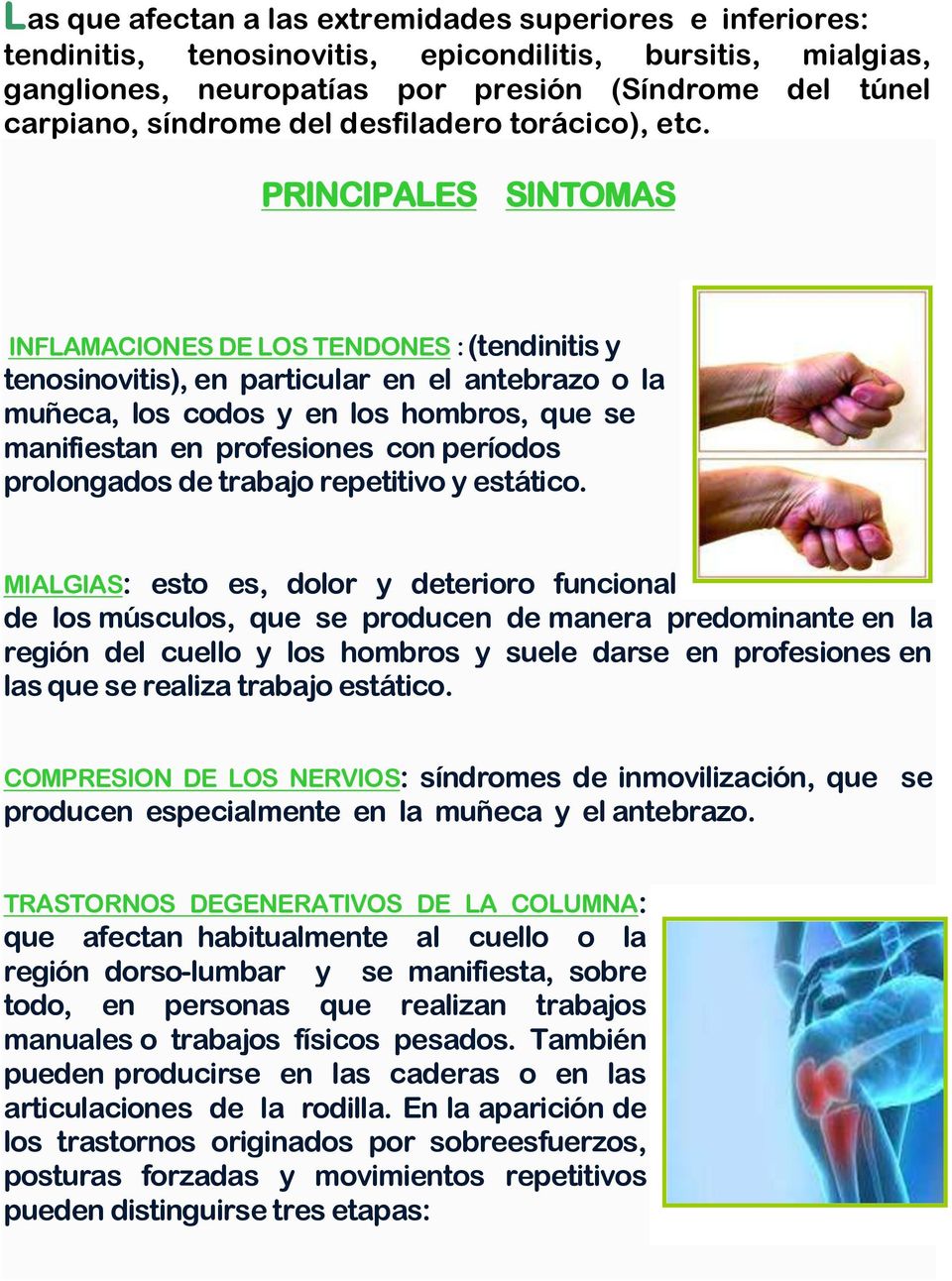 PRINCIPALES SINTOMAS INFLAMACIONES DE LOS TENDONES : (tendinitis y tenosinovitis), en particular en el antebrazo o la muñeca, los codos y en los hombros, que se manifiestan en profesiones con