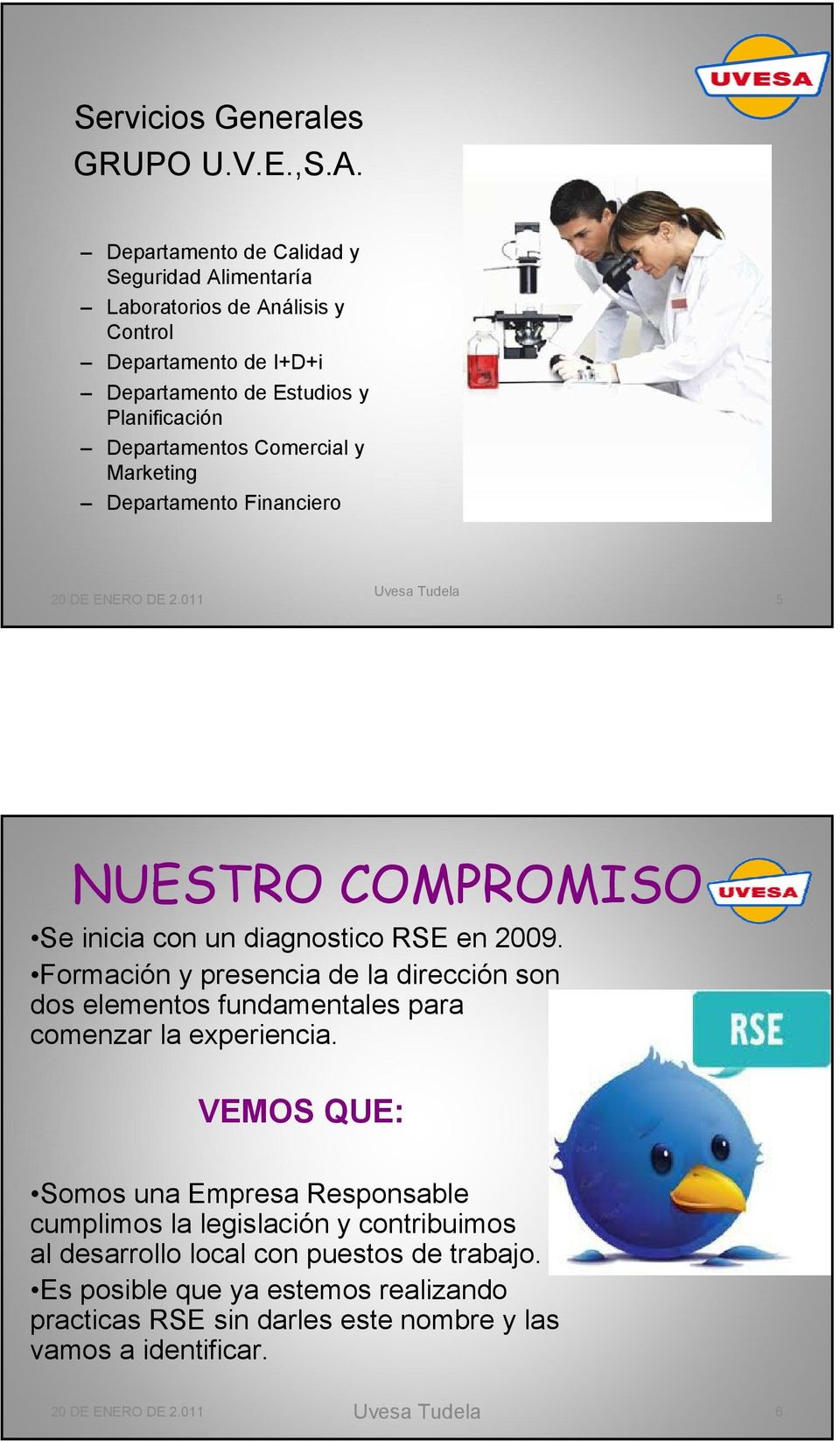 Marketing Departamento Financiero 20 DE ENERO DE 2.011 Uvesa Tudela 5 NUESTRO COMPROMISO Se inicia con un diagnostico RSE en 2009.