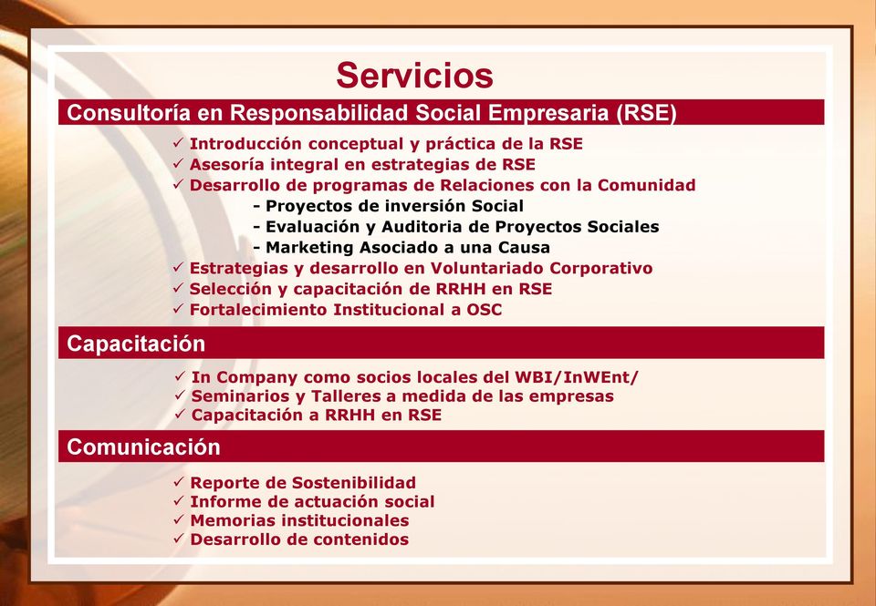 Estrategias y desarrollo en Voluntariado Corporativo Selección y capacitación de RRHH en RSE Fortalecimiento Institucional a OSC In Company como socios locales del