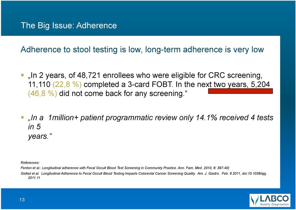 1% received 4 tests in 5 years. References: Fenton et al.: Longitudinal adherence with Fecal Occult Blood Test Screening in Community Practice. Ann. Fam. Med.