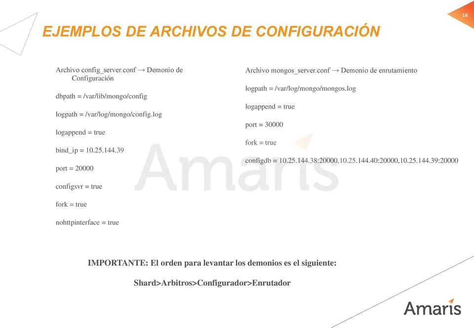 39 port = 20000 Archivo mongos_server.conf Demonio de enrutamiento logpath = /var/log/mongo/mongos.