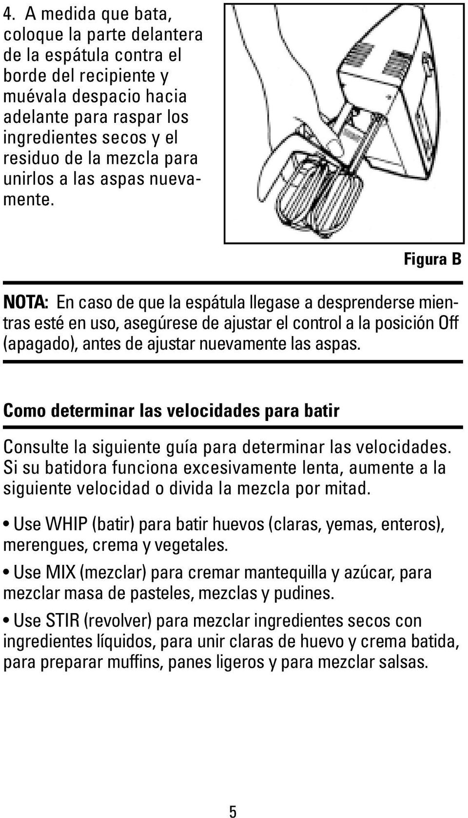 Figura B NOTA: En caso de que la espátula llegase a desprenderse mientras esté en uso, asegúrese de ajustar el control a la posición Off (apagado), antes de ajustar nuevamente las aspas.